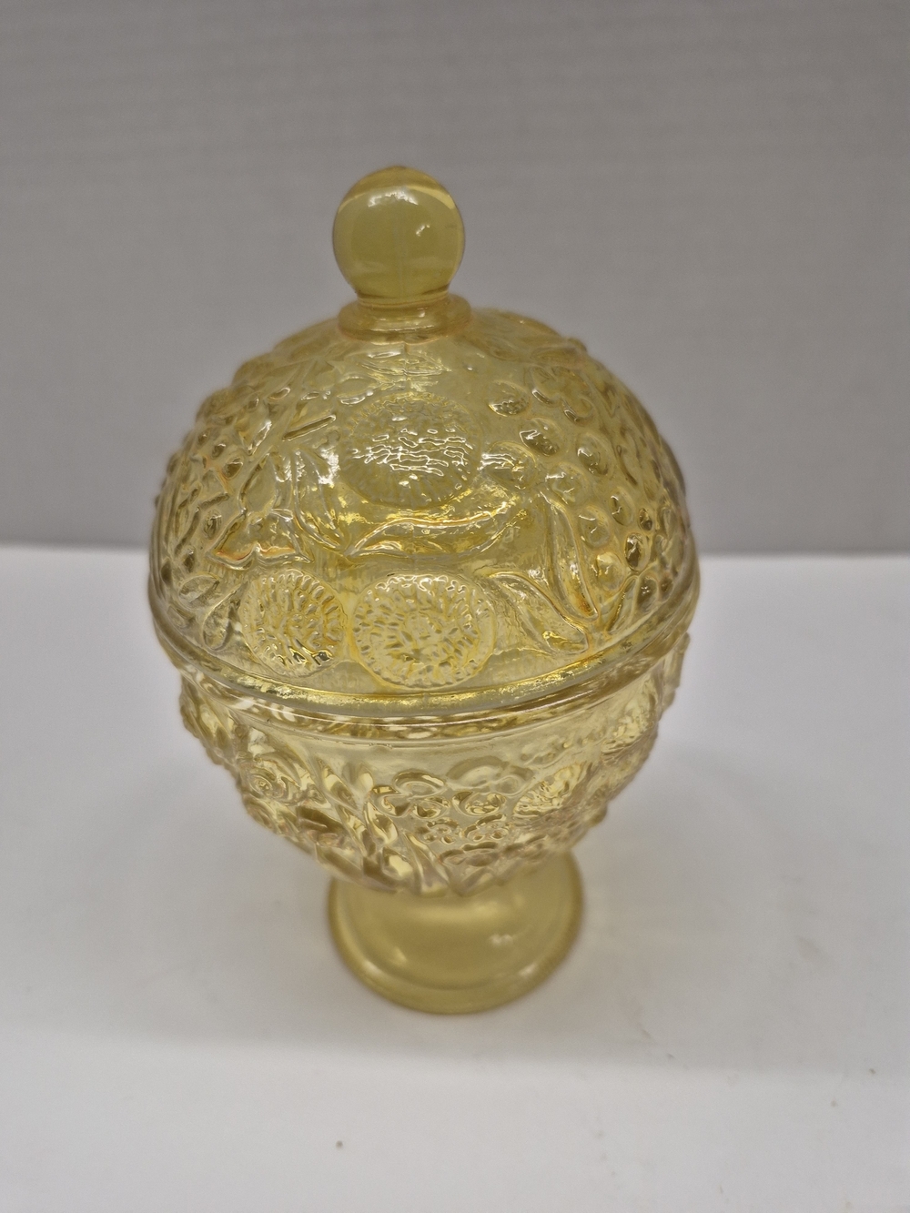 Vintage Avon Yellow Pressed Glass Decorative Jar with Lid